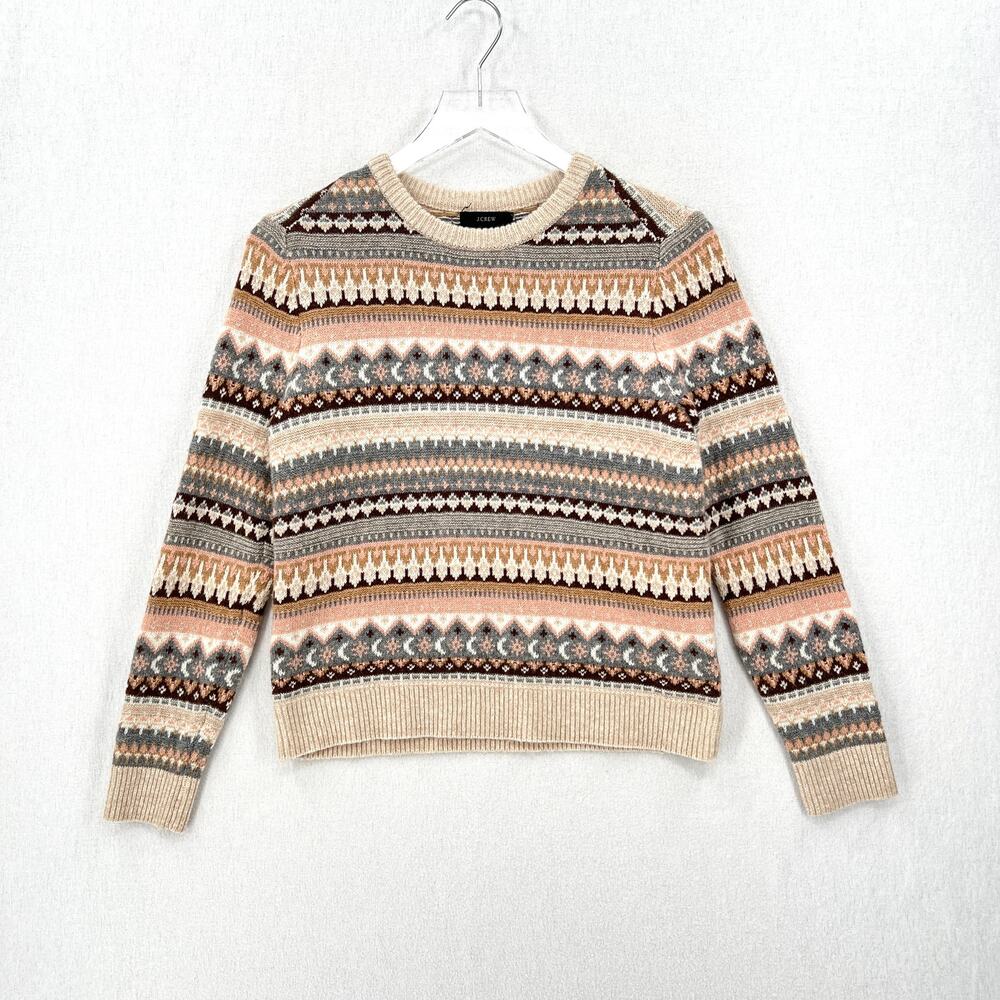 J CREW Fair Isle Cropped Crewneck Sweater Womens XS Cream Gray Brown Wool Blend - Picture 3 of 14